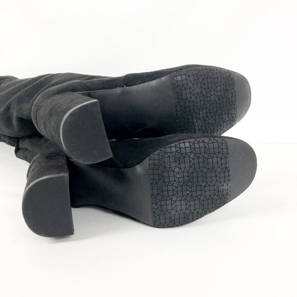 BP Womens Thigh High Boots 7.5 Black Faux Suede Pull On Lace Up Top NWOB - Picture 8 of 11